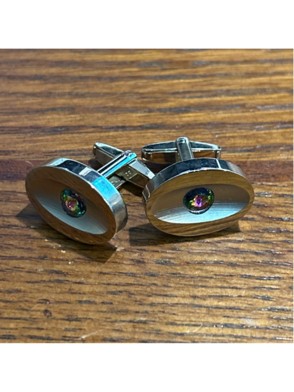 Sarah Coventry gold-tone oval cufflinks iridescent "watermelon rhinestone